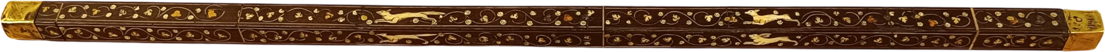 Complete quadrangular rule: dark wood with pale engraved animal and foliate inlays, transverse divisions and metal end caps.